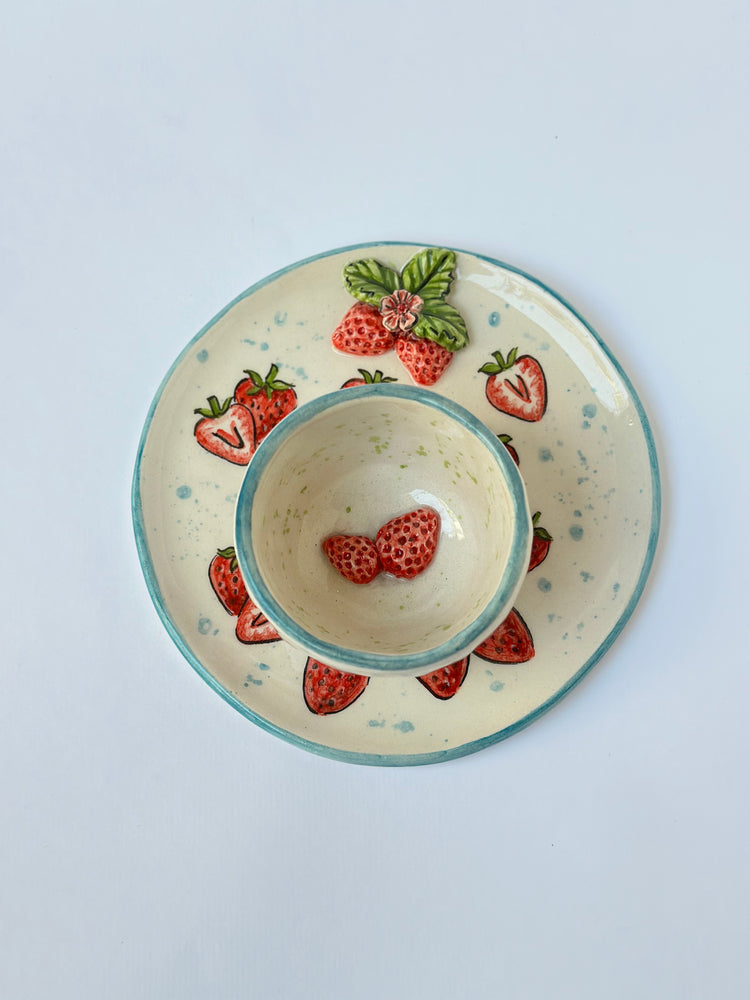 Strawberry handmade ceramic cup and plate