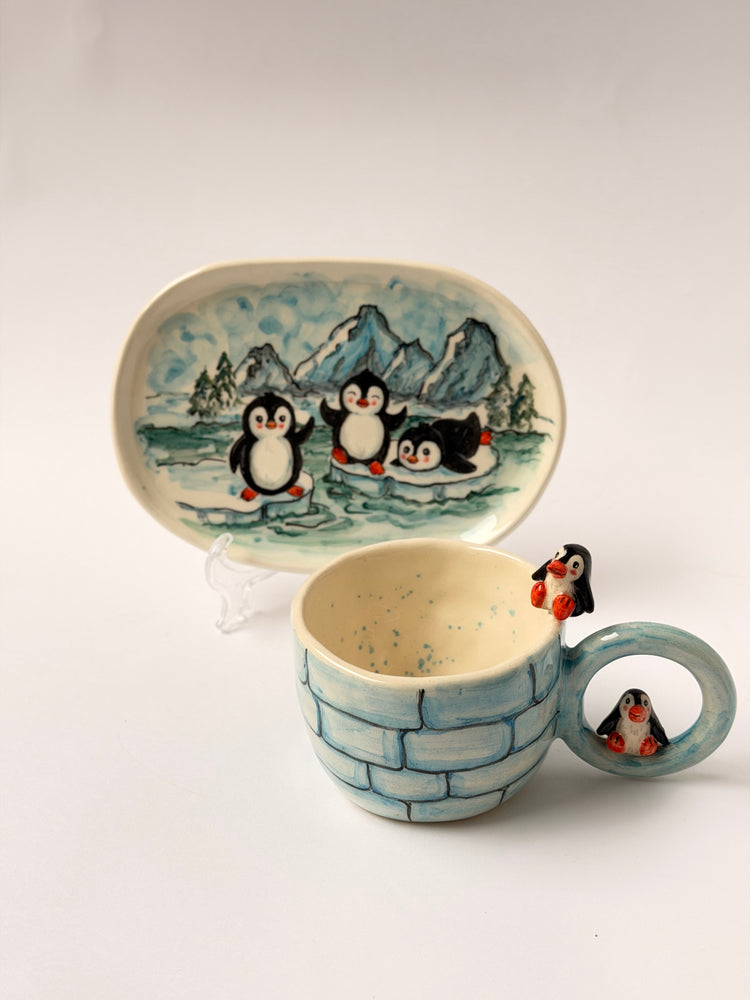 Penguen handmade ceramic mug and plate