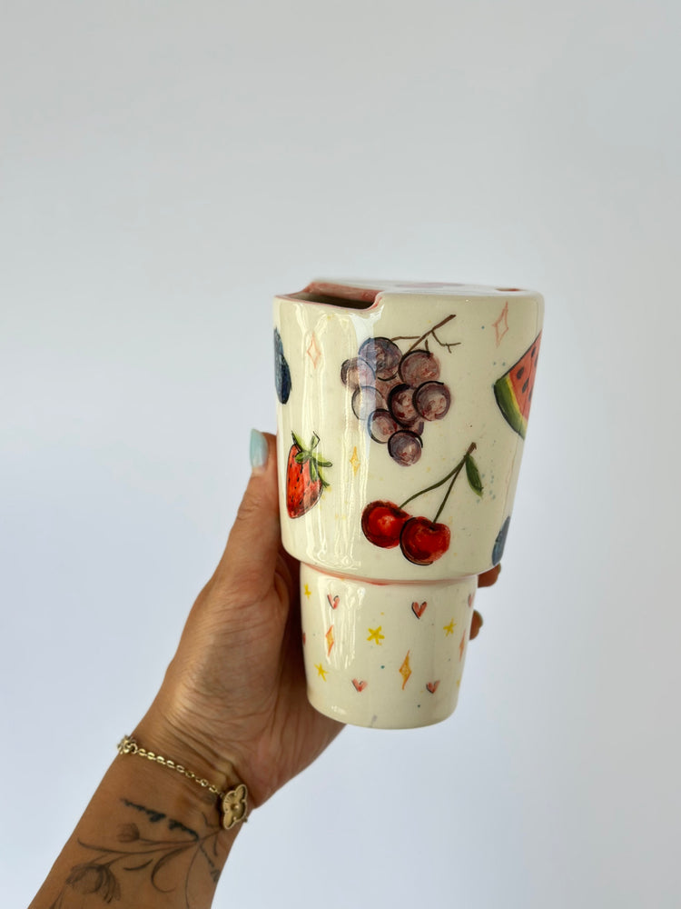 Summer fruits detailed handmade ceramic mug