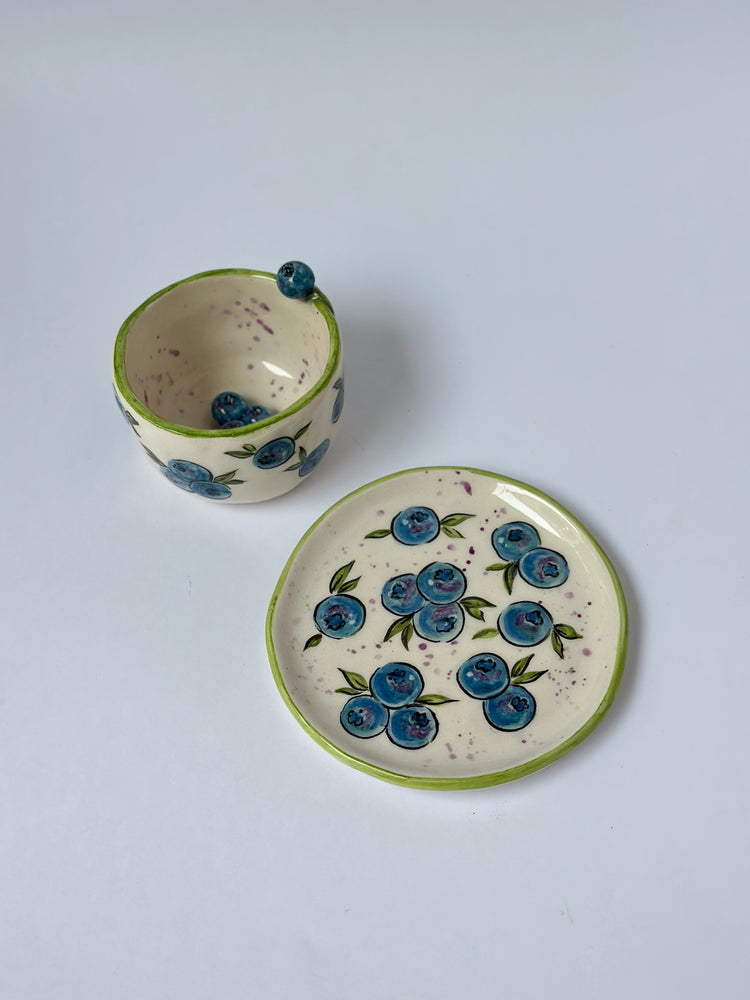 Blueberry handmade ceramic coffee cup and plate