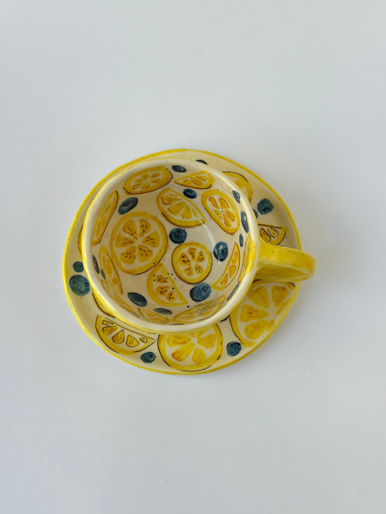 Lemon and Bluberry handmade mug and plate