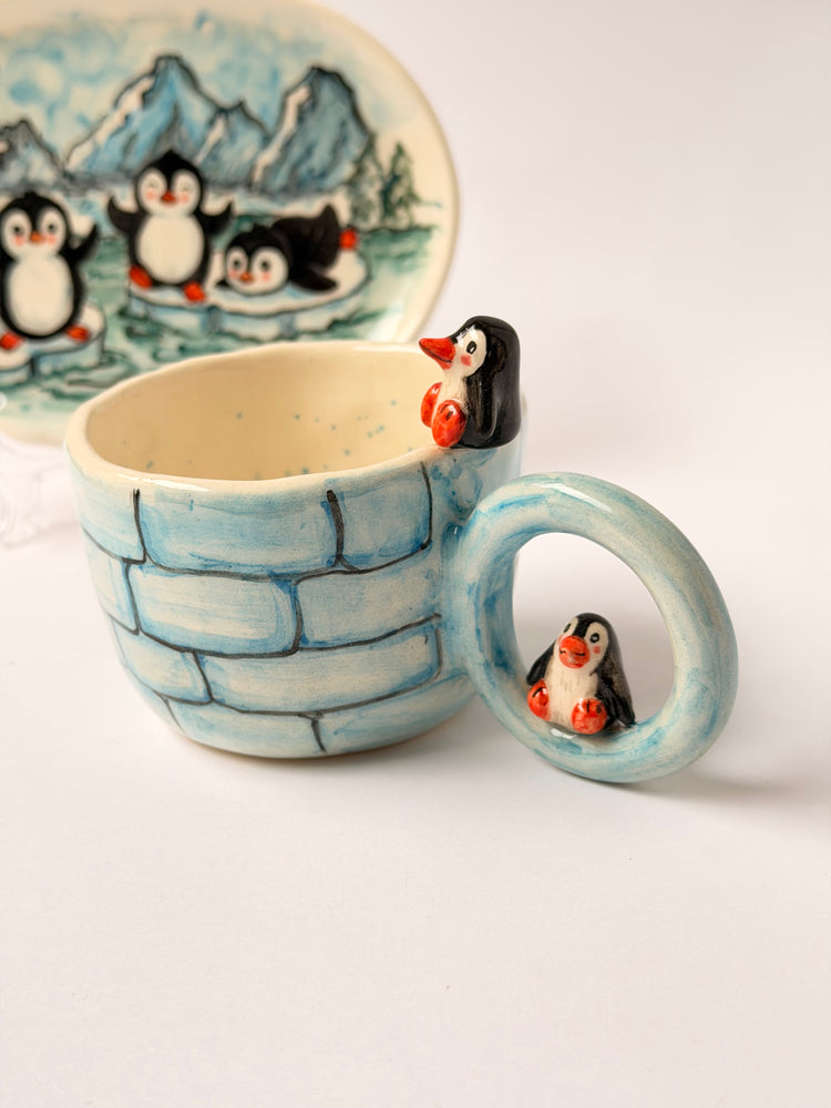 Penguen handmade ceramic mug and plate