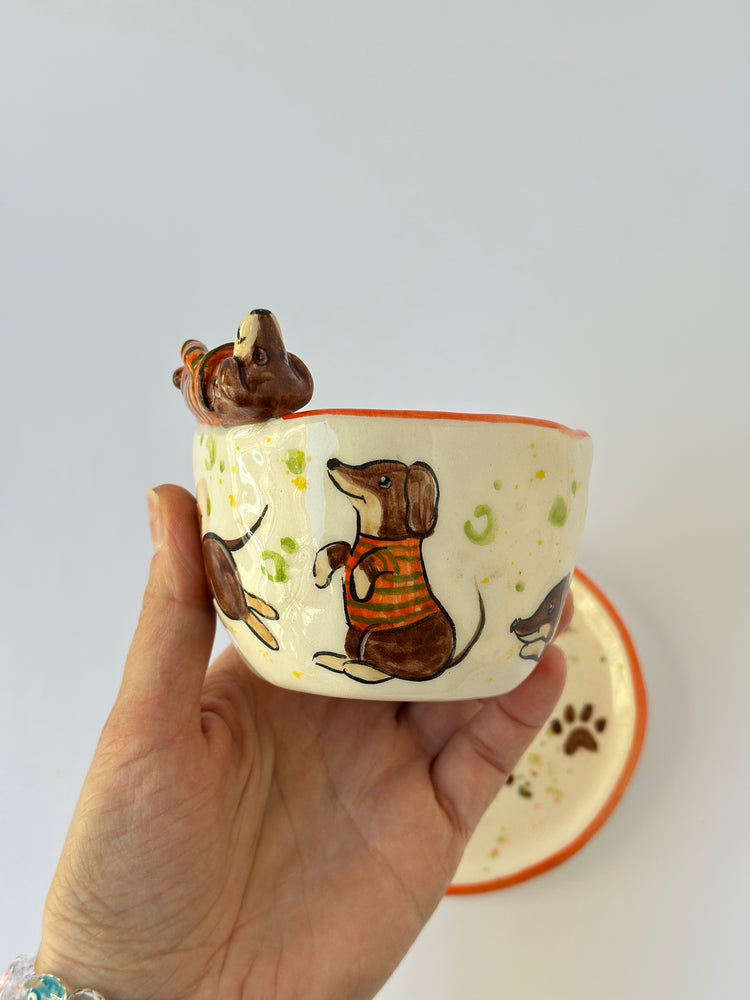 Dachshund handmade cup and plate
