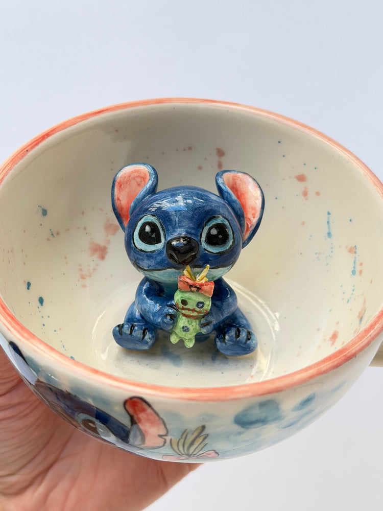 Blue long-eared monster handmade ceramic mug
