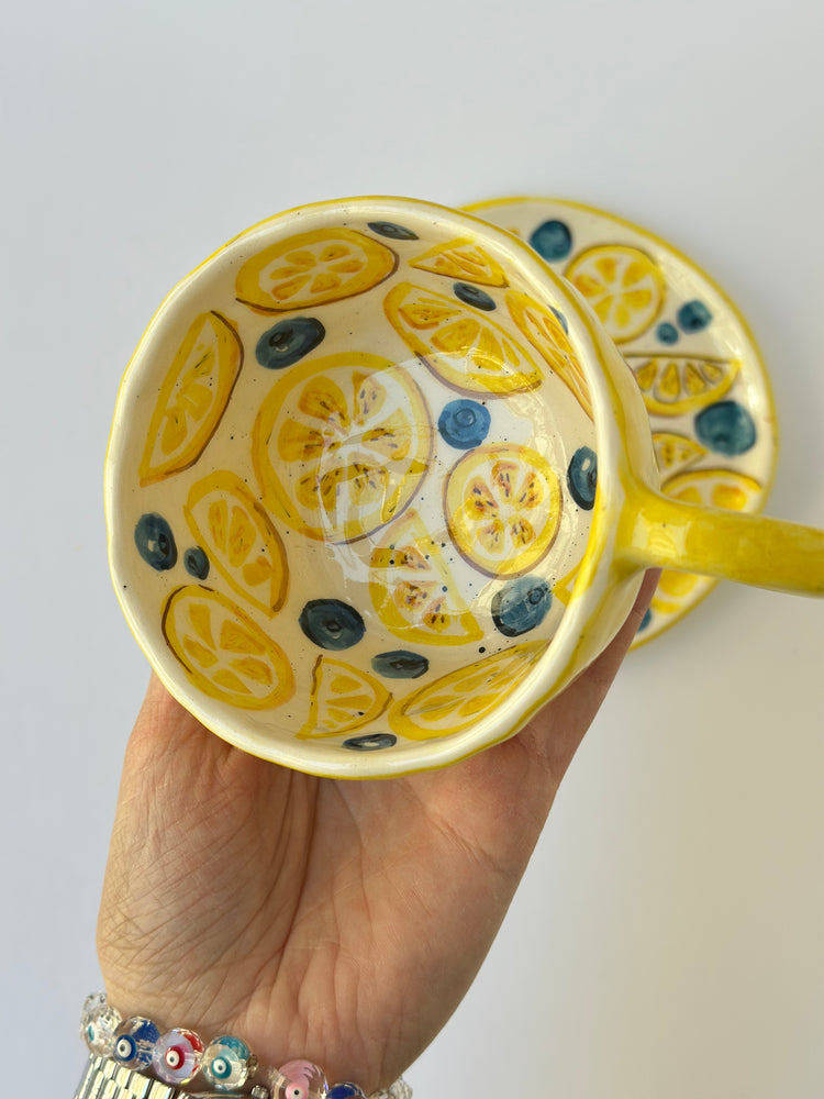 Lemon and Bluberry handmade mug and plate