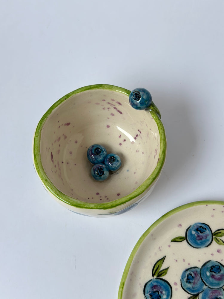 Blueberry handmade ceramic coffee cup and plate