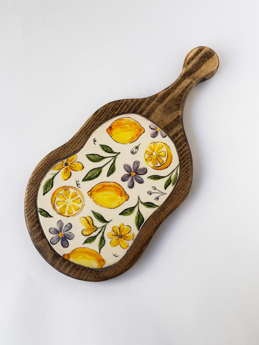 Lemon handmade ceramic  wooden serving tray