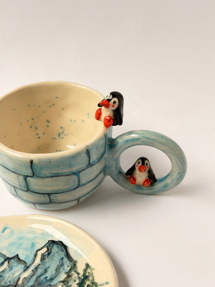 Penguen handmade ceramic mug and plate
