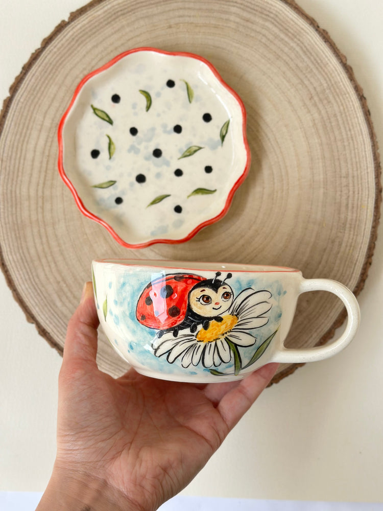 Ladybird handmade mug and plate