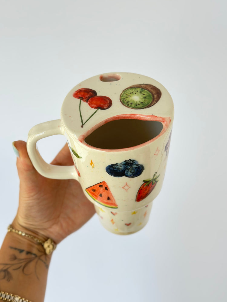 Summer fruits detailed handmade ceramic mug