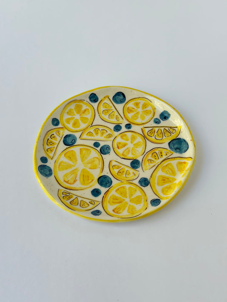 Lemon and Bluberry handmade mug and plate
