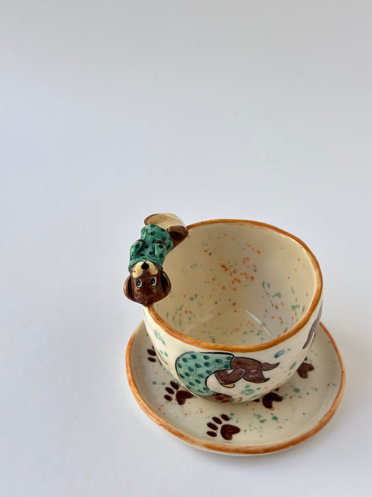 Dachshund dog handmade cup and plate