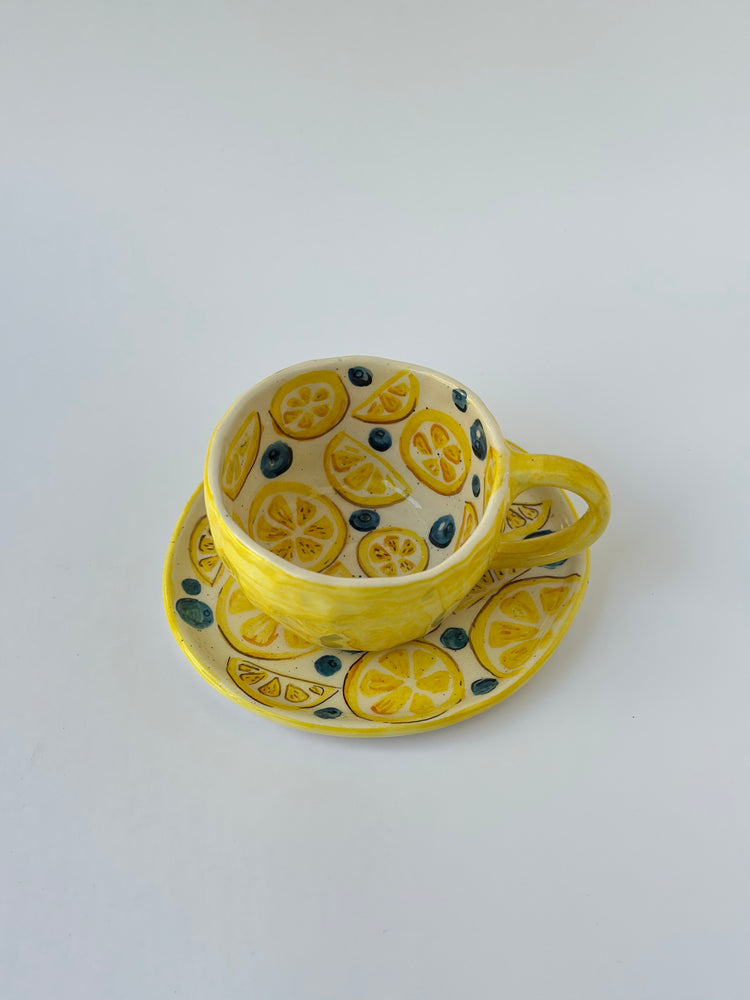 Lemon and Bluberry handmade mug and plate