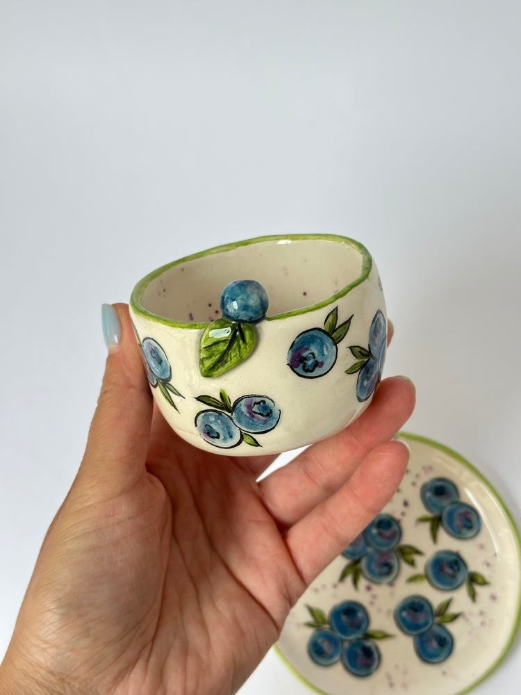 Blueberry handmade ceramic coffee cup and plate