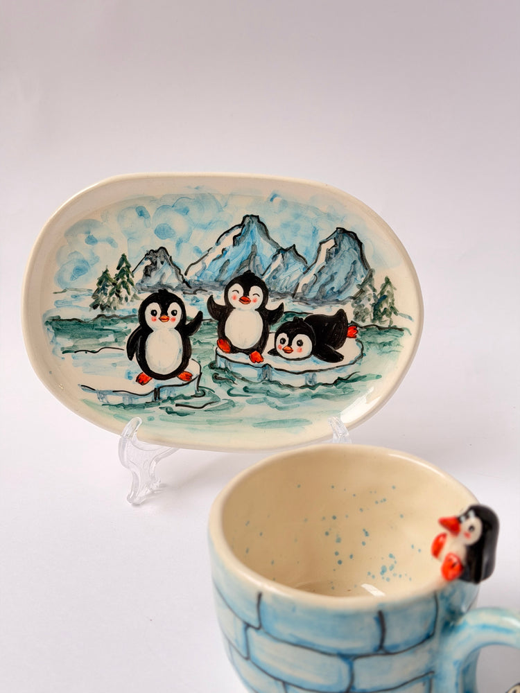Penguen handmade ceramic mug and plate