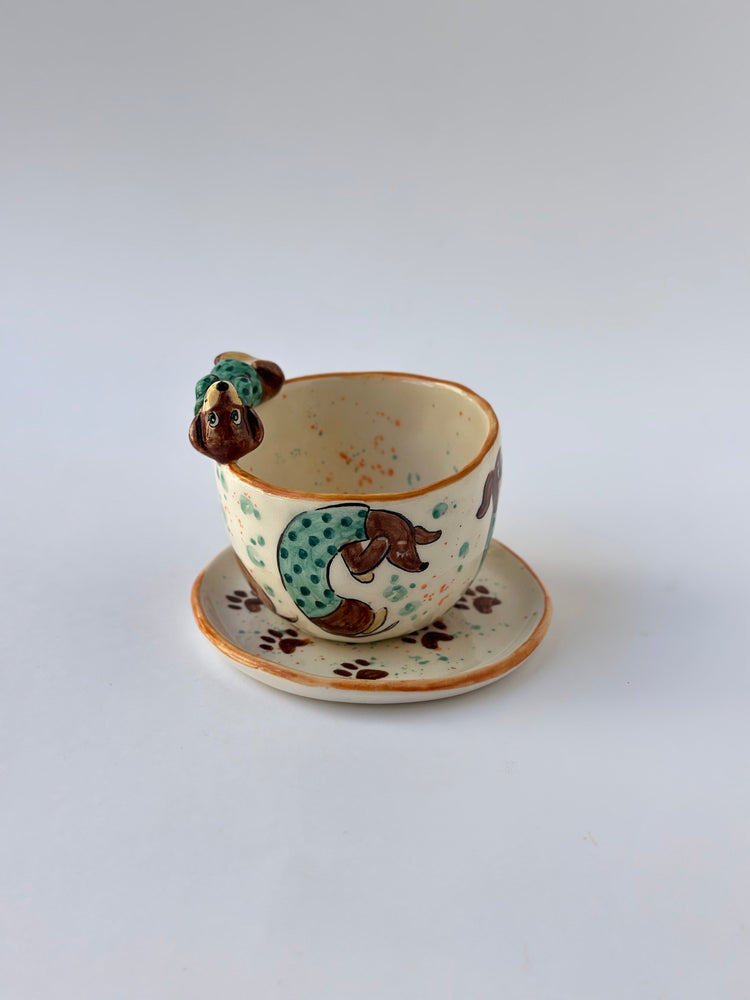 Dachshund dog handmade cup and plate