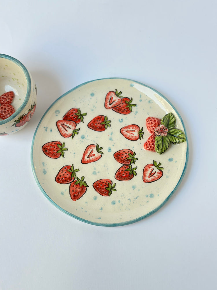 Strawberry handmade ceramic cup and plate