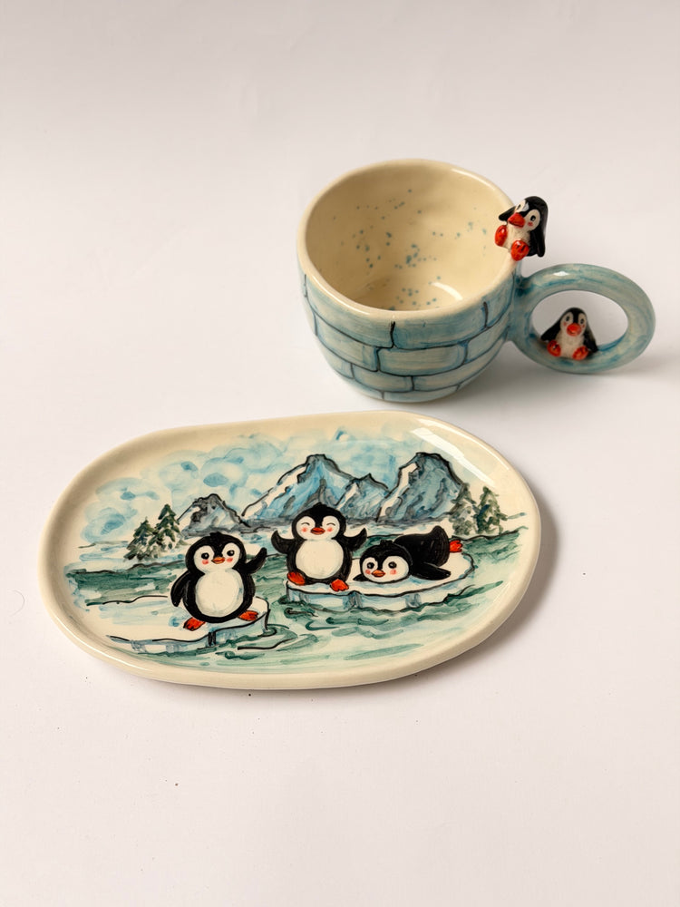 Penguen handmade ceramic mug and plate