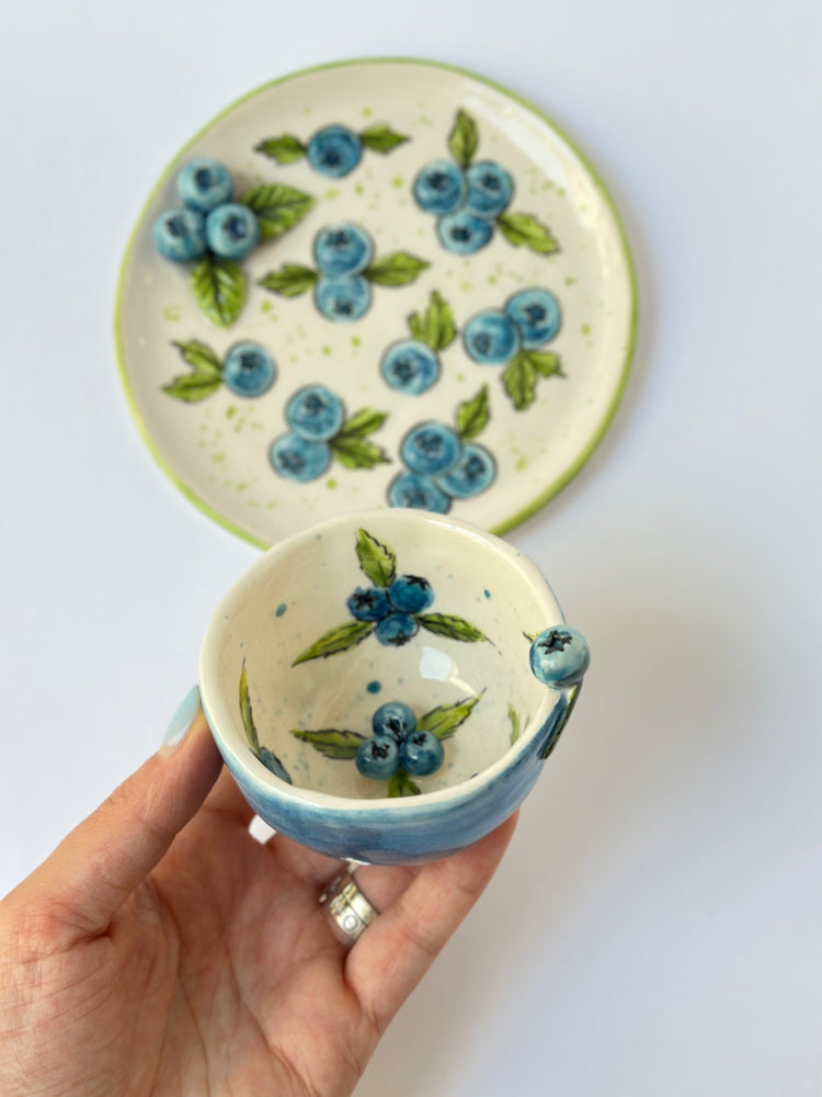 Blueberry handmade ceramic cup and plate