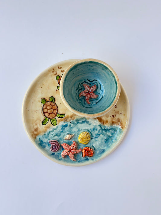Sea Handmade ceramic coffee cup and plate