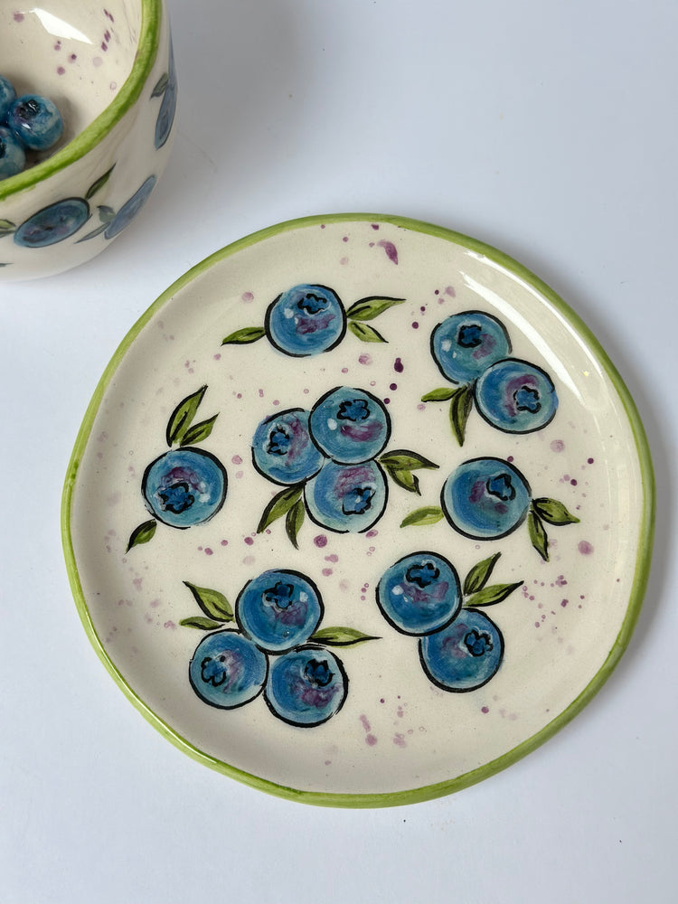 Blueberry handmade ceramic coffee cup and plate