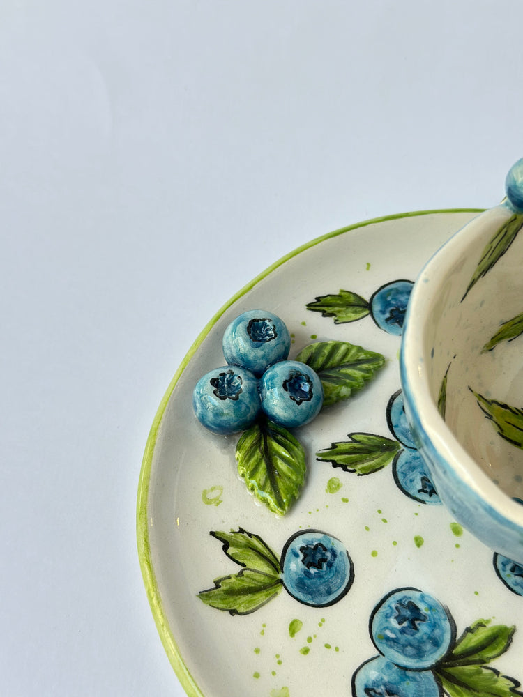 Blueberry handmade ceramic cup and plate